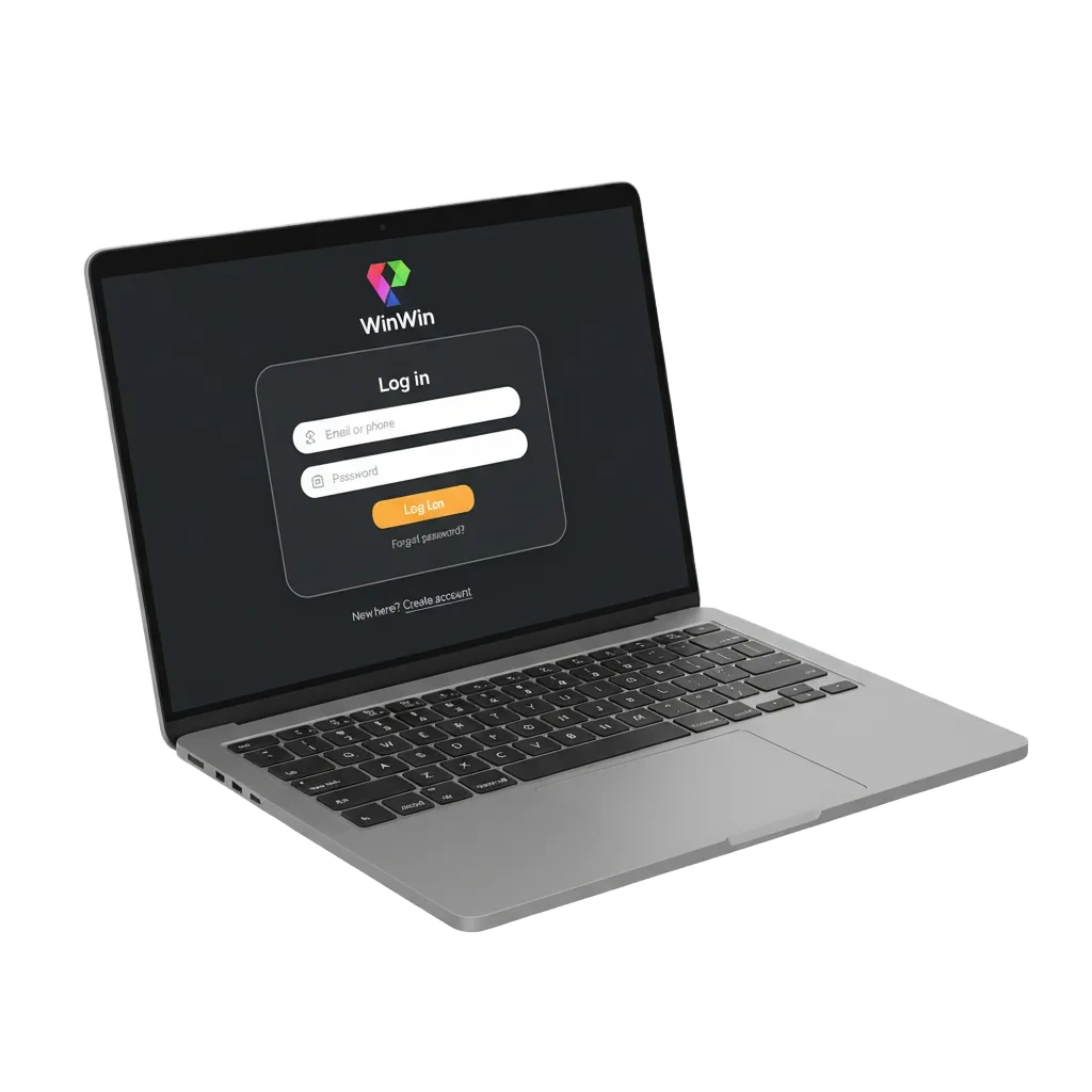 WinWin Kenya login screen with email/phone and password fields, fast sign-in, encrypted security and 2FA on web/app.